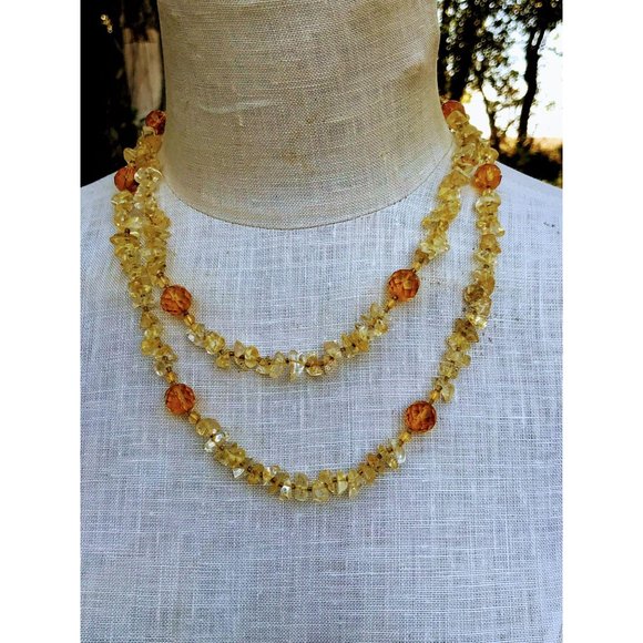 Vintage Amber Glass Beads Citrine Chips Necklace - Picture 7 of 10